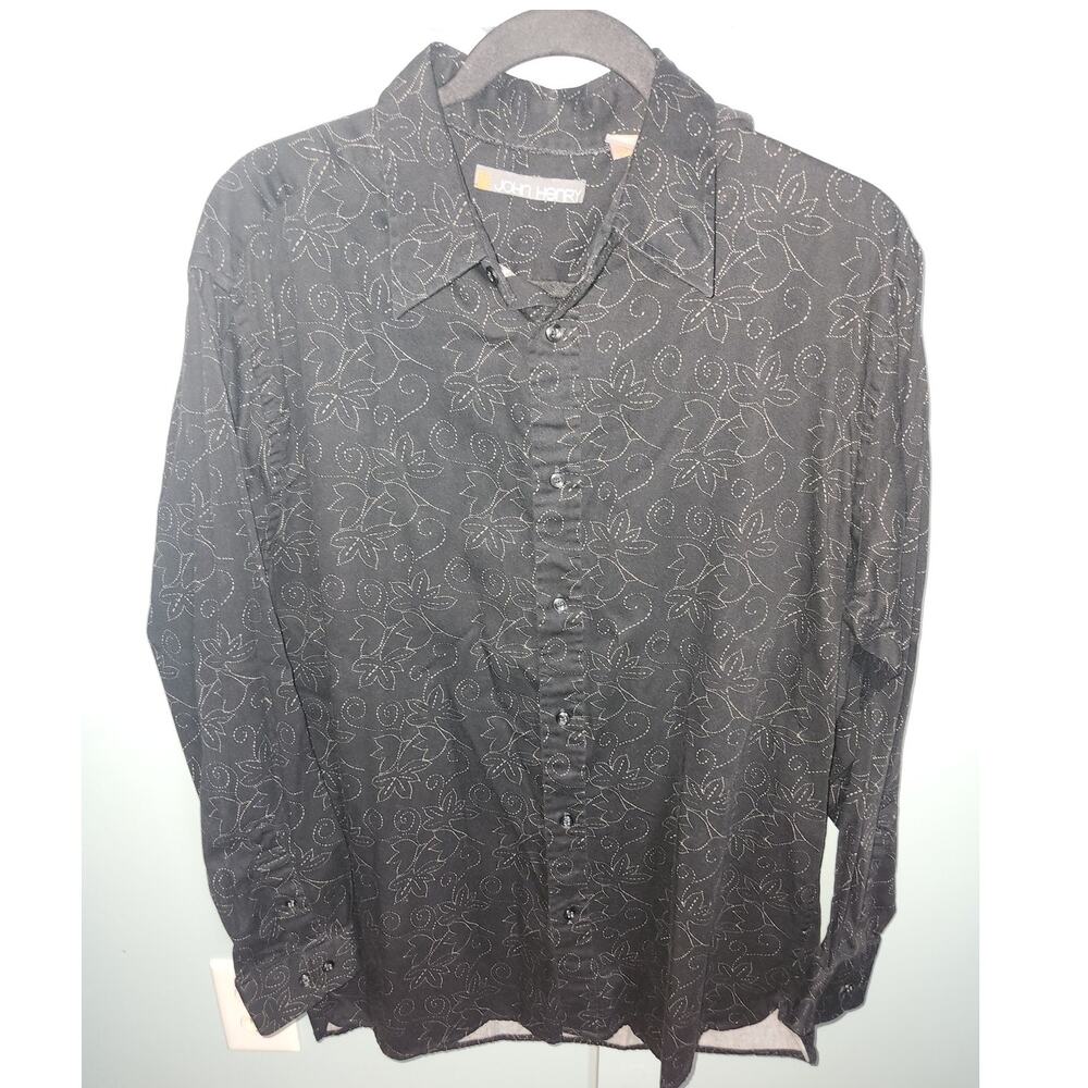 John Henry‎ Men's Long Sleeve Button Down Shirt Black with Design Size Large